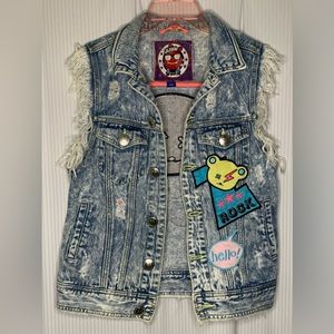 Lalabobo Light Wash Denim Vest Distressed detail Patches Sequin Bear on back